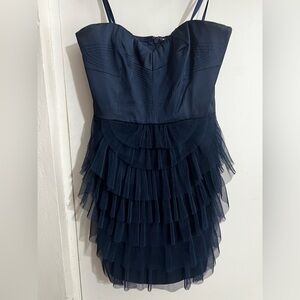 BCBGMaxAzria Strapless Navy Dress with Tiered Pleats